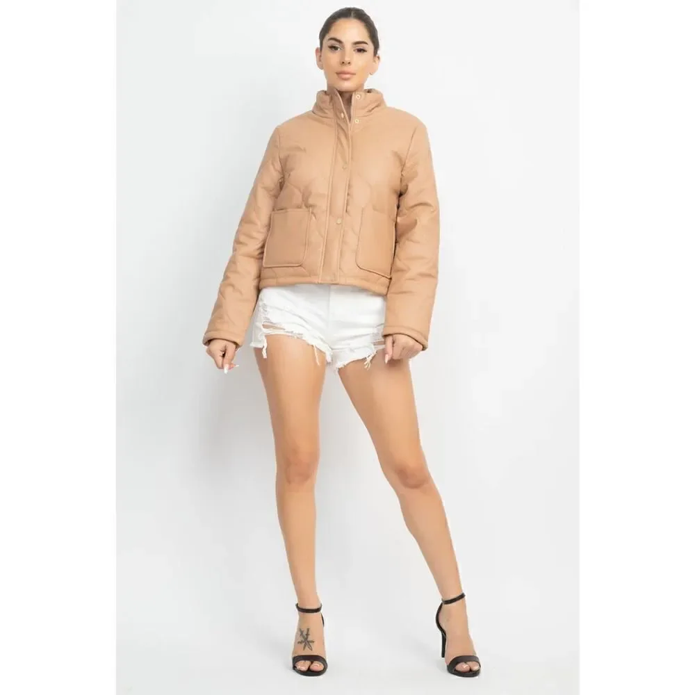 Taupe Mock Neck Quilted Jacket - Picture 1 of 5